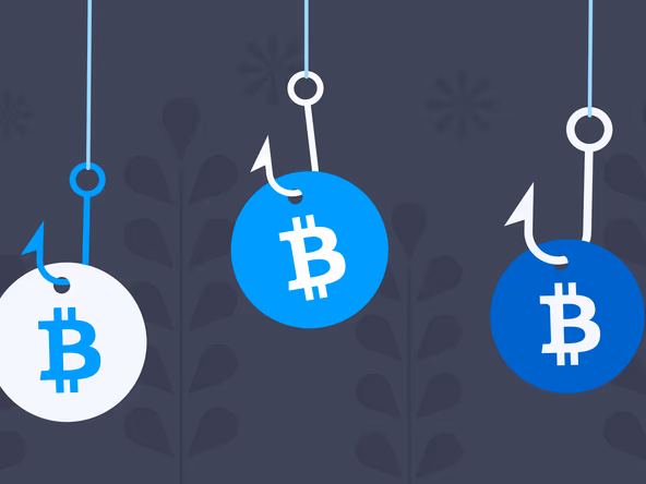 Digital coins hanging from fishing hooks