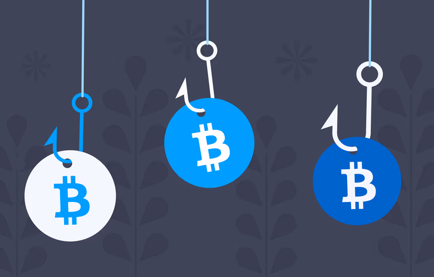 Digital coins hanging from fishing hooks